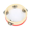 A light wood tambourine with a red edge and silver jingles, featuring a cartoon design for kids.