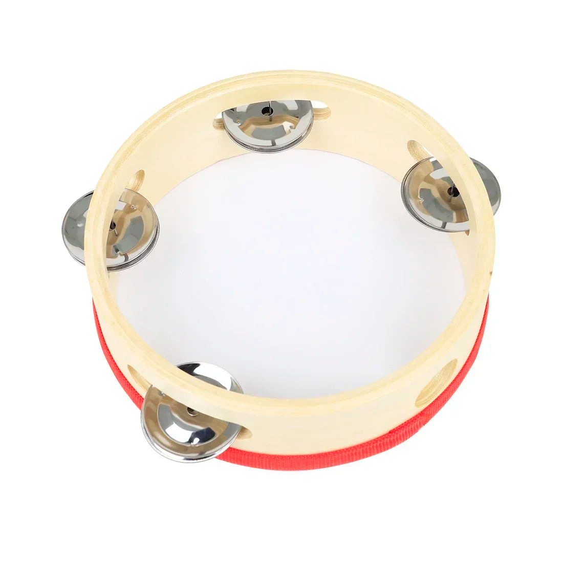A light wood tambourine with a red edge and silver jingles, featuring a cartoon design for kids.