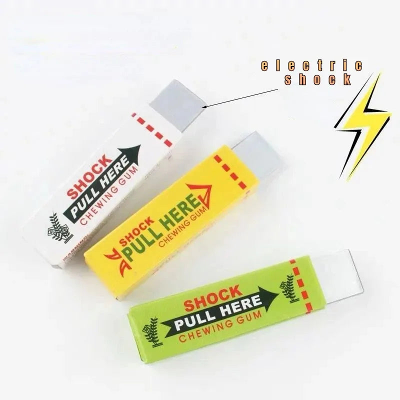 A set of electric shock gum prank toys showing different colored packs with pull-here mechanisms.