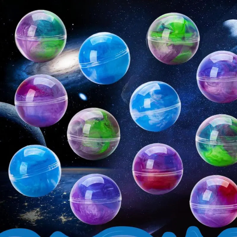 A collection of colorful, translucent slime balls in various shades of purple, blue, and green against a dark, starry backgro