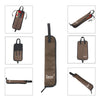 Various views of a brown drumstick carrier bag or instrument pouch with handles and straps.