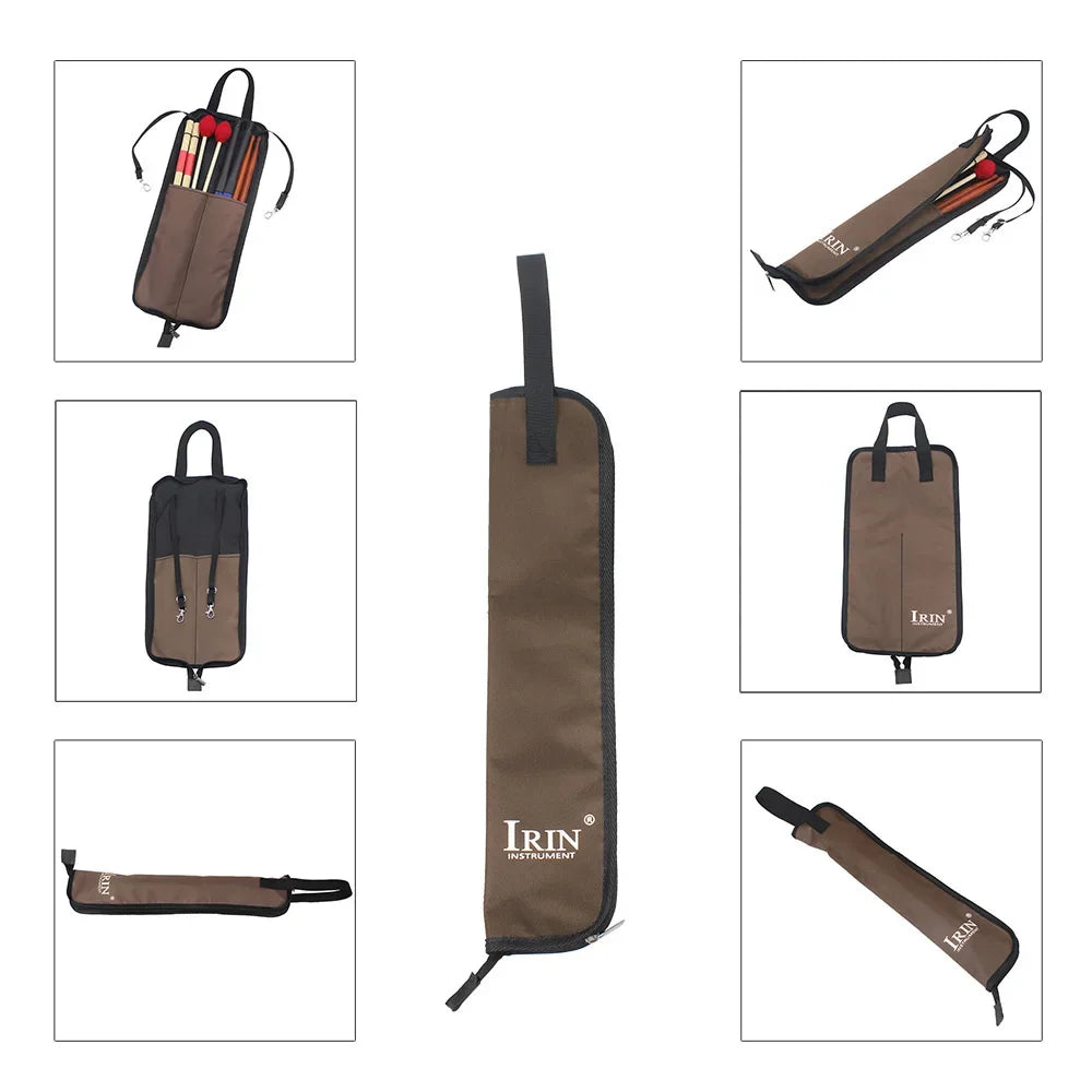 Various views of a brown drumstick carrier bag or instrument pouch with handles and straps.