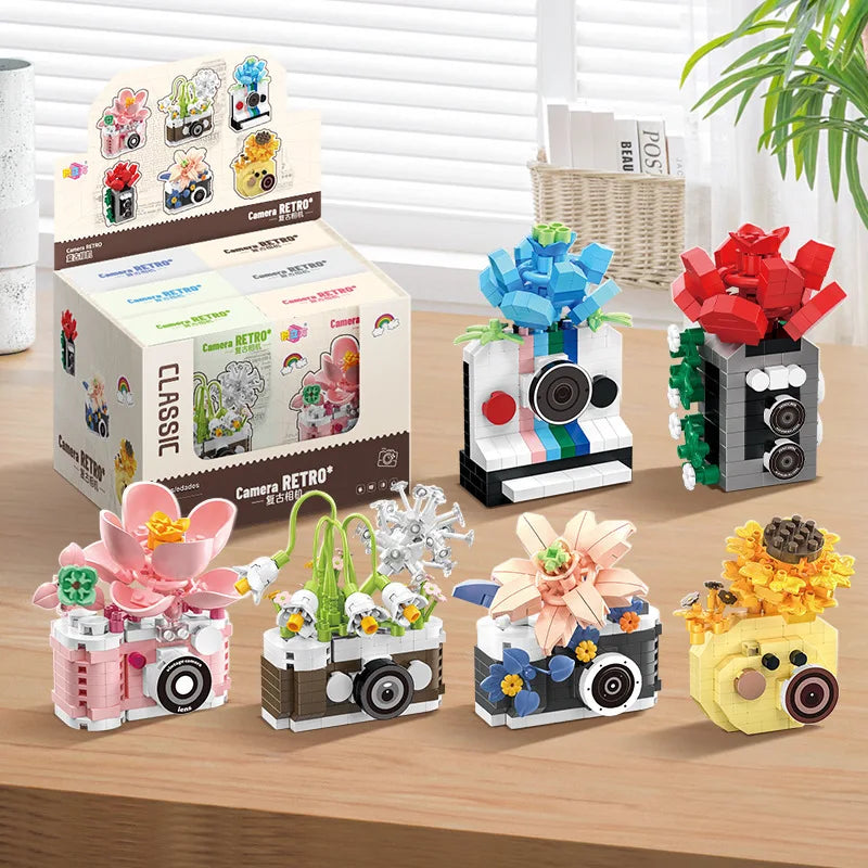 Retro Camera Building Blocks Set with Flower Bonsai Design