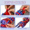 A four-step guide showing how to install an elastic band, pull back and load, add a soft projectile, and push launch a cospla