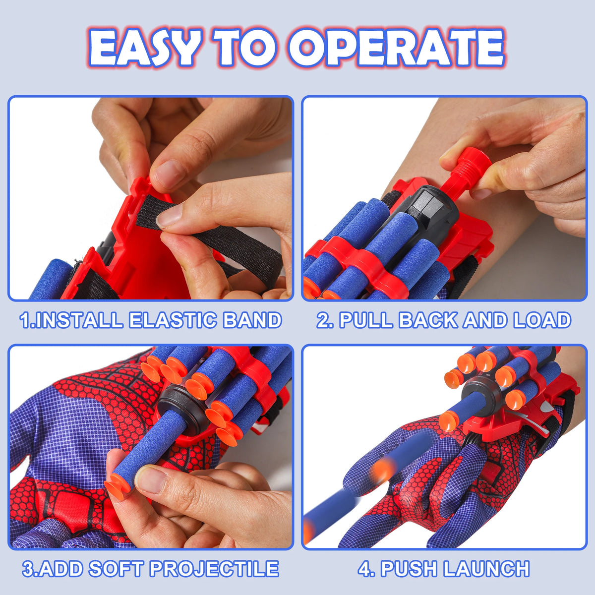 A four-step guide showing how to install an elastic band, pull back and load, add a soft projectile, and push launch a cospla
