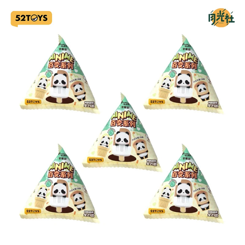 A collection of five blind box collectible figures featuring pandas in a conical packaging design.