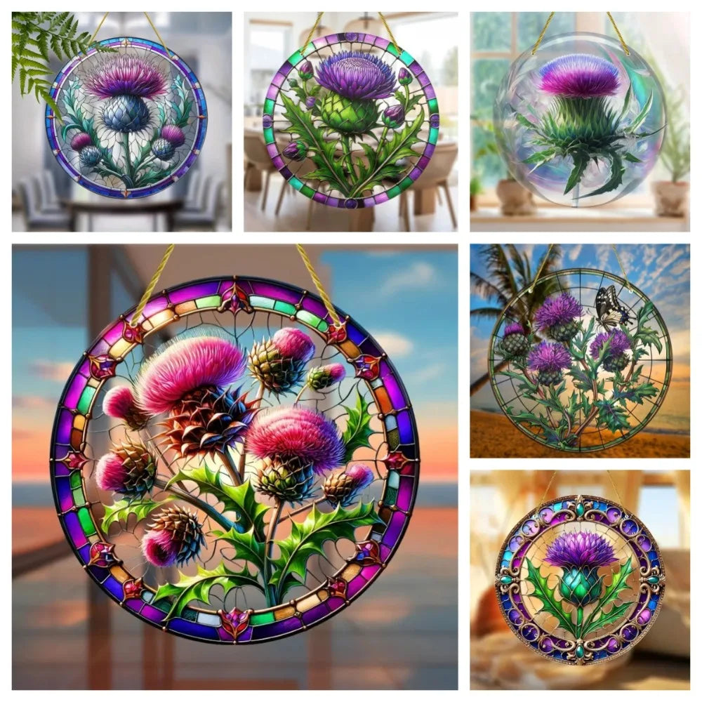 Round acrylic window hanging featuring a vibrant purple thistle flower and green foliage.