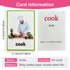 A set of 65 card information sheets showing the word cook and its definition on a green and white background
