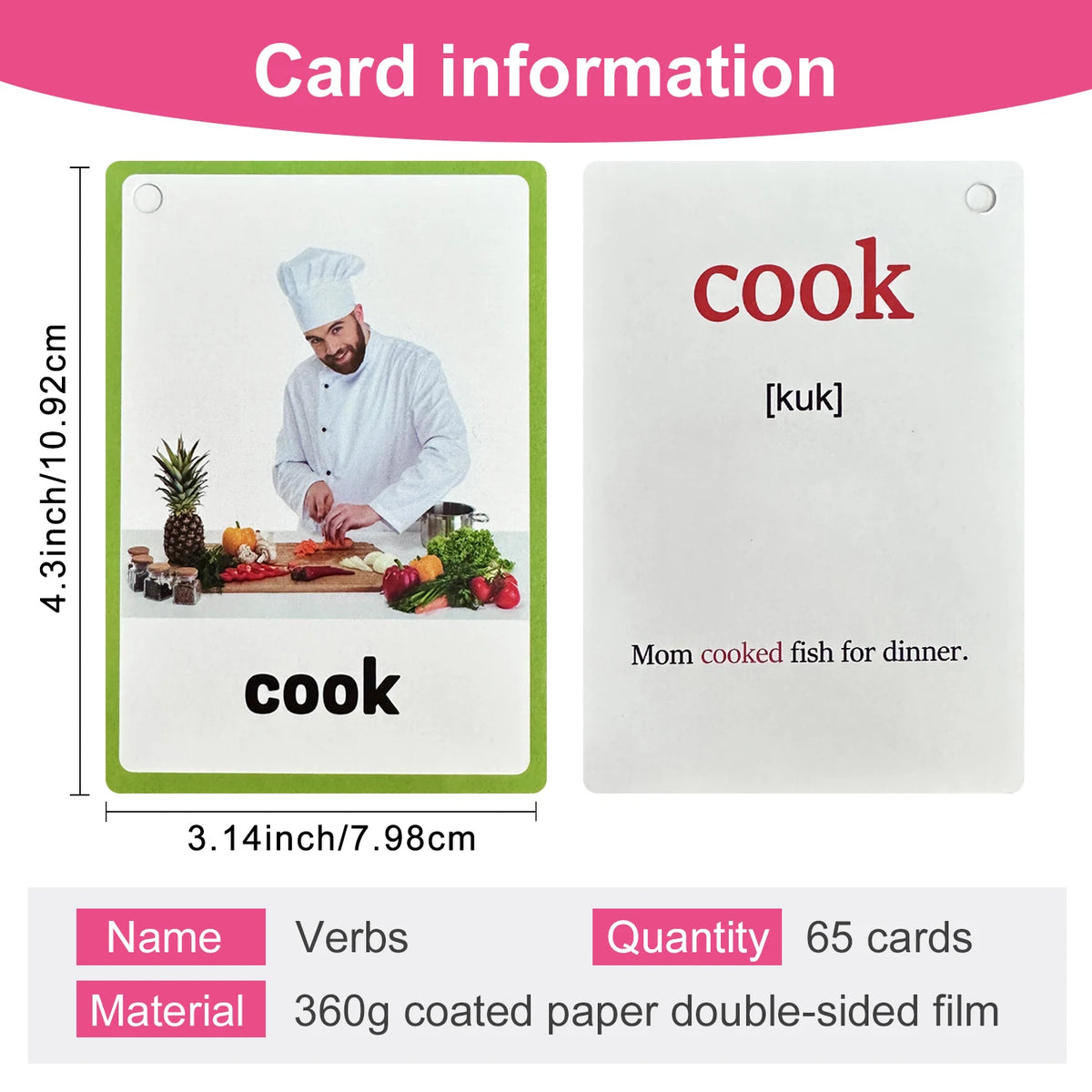A set of 65 card information sheets showing the word cook and its definition on a green and white background