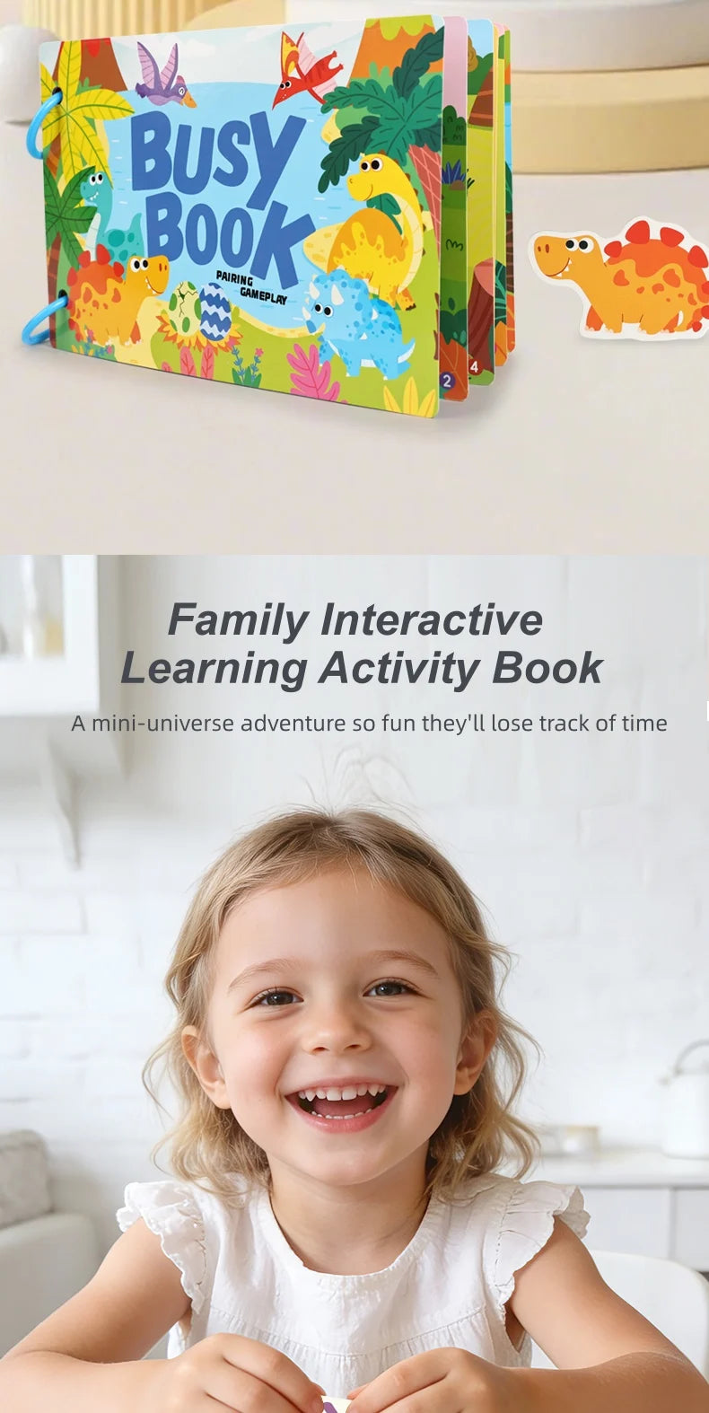 A colorful busy book for toddlers featuring animal cards and learning activities.