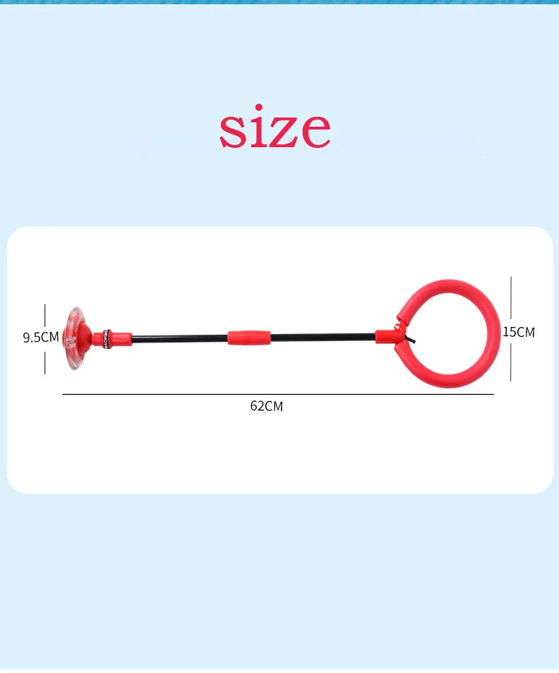 A red glowing skip ball with a handle and a large red ring, shown next to dimension markings.