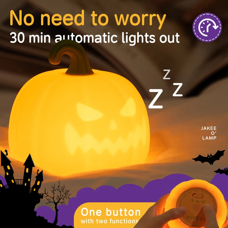 A glowing orange pumpkin LED night light is shown with a hand, set against a dark outdoor background.