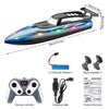 Bateau RC LED haute performance avec télécommande et câble de charge.