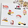 A collection of cute kawaii sushi decals featuring various rolls and ingredients on a white spiral notebook page.