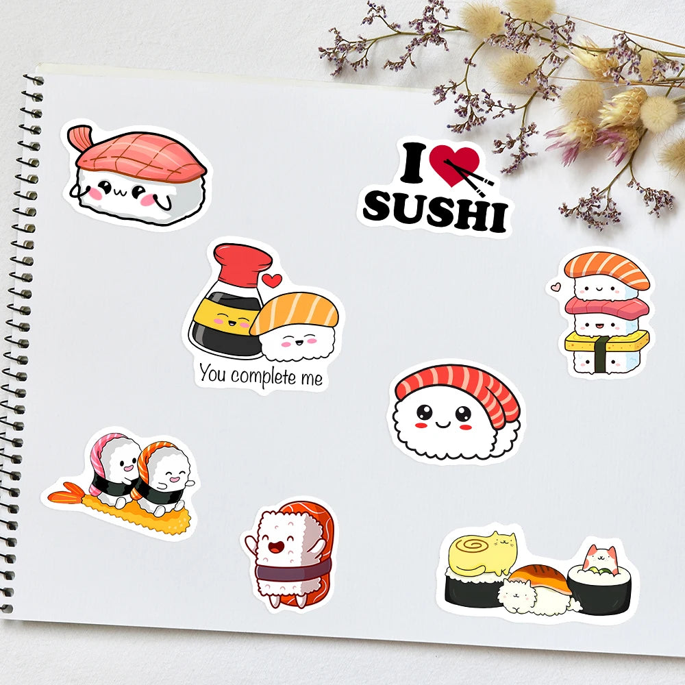 A collection of cute kawaii sushi decals featuring various rolls and ingredients on a white spiral notebook page.