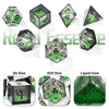 A set of seven polyhedral dice including D6, D20, and liquid core dice for tabletop role-playing games