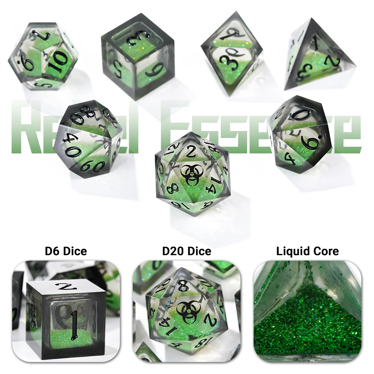 A set of seven polyhedral dice including D6, D20, and liquid core dice for tabletop role-playing games