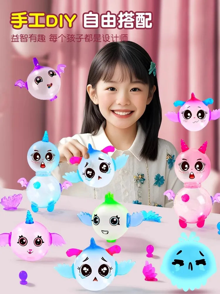 A girl is smiling while holding various colorful balloons and an inflator tool, demonstrating a DIY balloon modeling kit.
