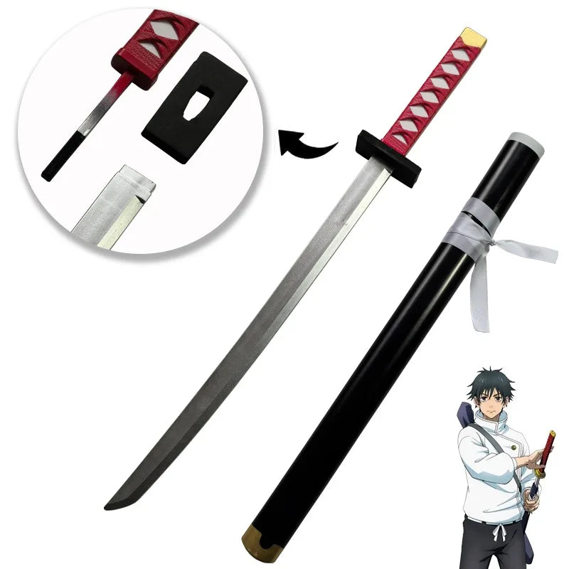 A long katana prop with a red handle and black sheath, shown alongside its disassembled components.