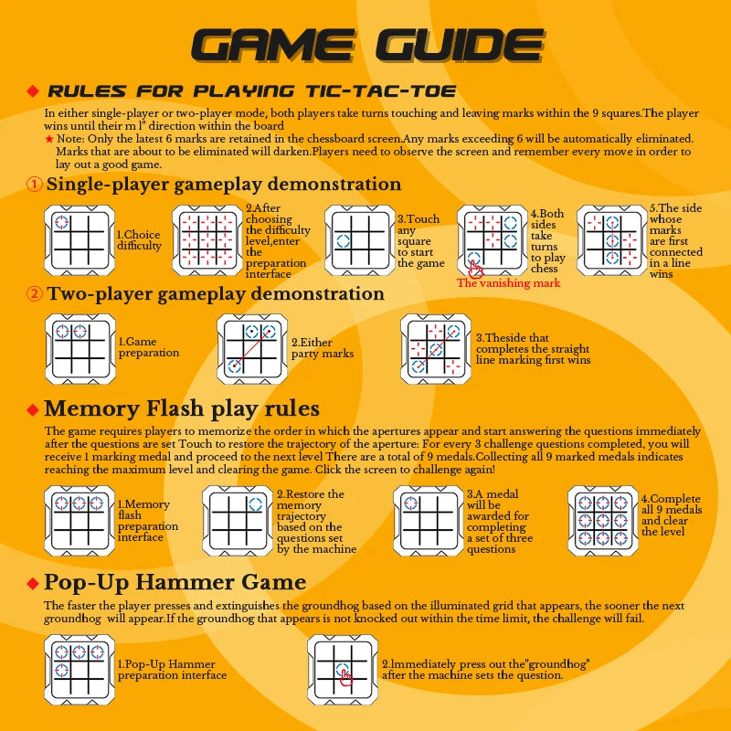 Game guide showing rules and demonstrations for a handheld electronic Tic Tac Toe game