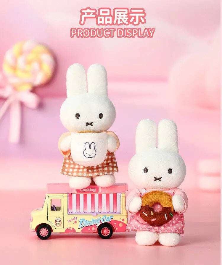 A white bunny plush toy standing on a yellow and pink train, part of the Miffy Bakery Series.
