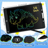 A black LCD writing tablet displaying a green dinosaur drawing, with accessories like a stylus and a lock key.
