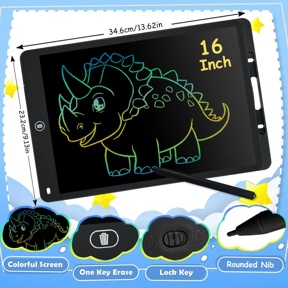 A black LCD writing tablet displaying a green dinosaur drawing, with accessories like a stylus and a lock key.