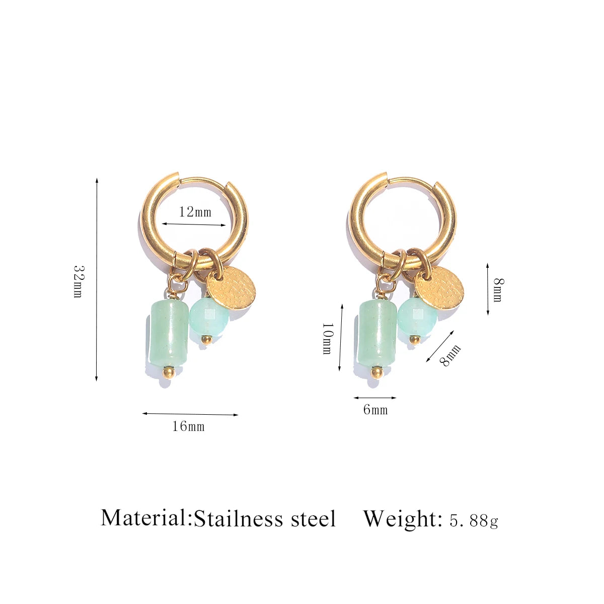 Gold-toned hoop earrings featuring a light green gemstone and a gold disc accent.