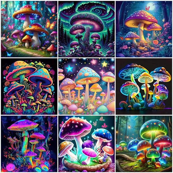 Collection de peintures d'art de champignons vibrants et colorés avec diverses espèces dans un décor de forêt.