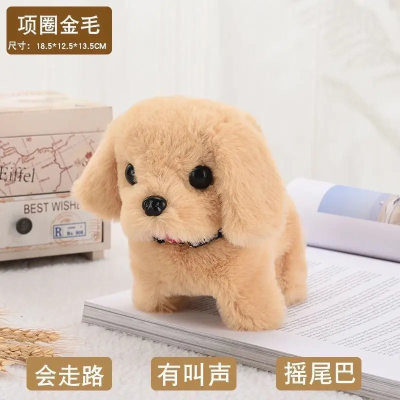 A fluffy golden dog plush toy sitting on a book with text and other accessories.