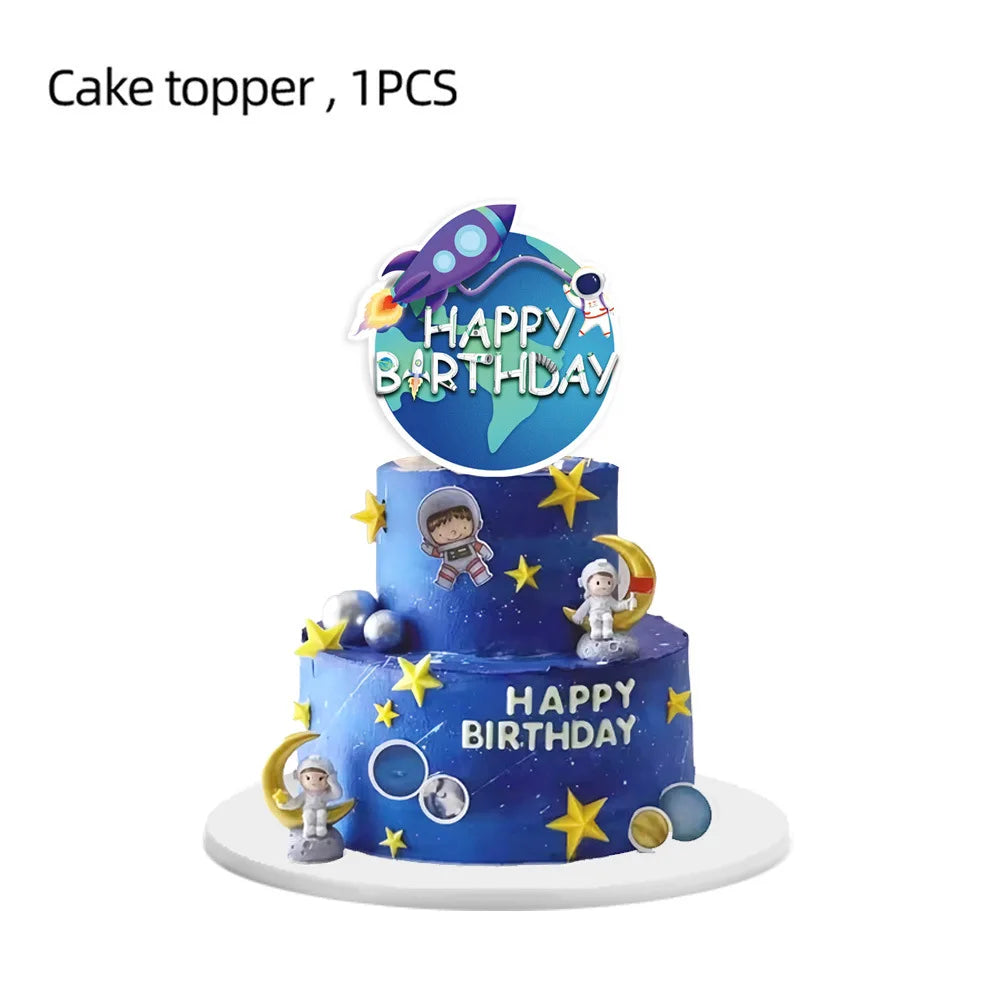 A two-tiered cake topper featuring an astronaut design and a happy birthday message on a blue background.