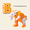 An orange Tyrannosaurus robot figure next to a large yellow letter B block.
