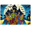 A group of characters from Scooby-Doo are featured against a night sky with bats and a full moon.
