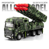 A diecast military missile truck toy in camouflage driving a green truck with a launch mechanism.