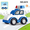 A blue and white construction vehicle building block set with a cab and a crane, shown in profile.