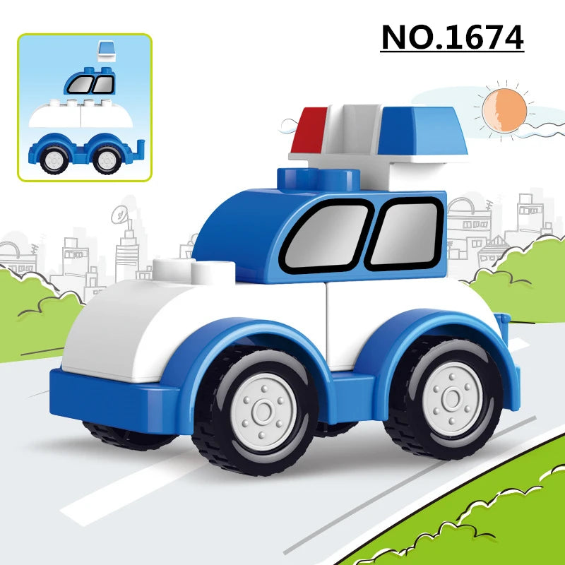 A blue and white construction vehicle building block set with a cab and a crane, shown in profile.