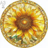 A circular wooden puzzle featuring a yellow sunflower design with a gold border.