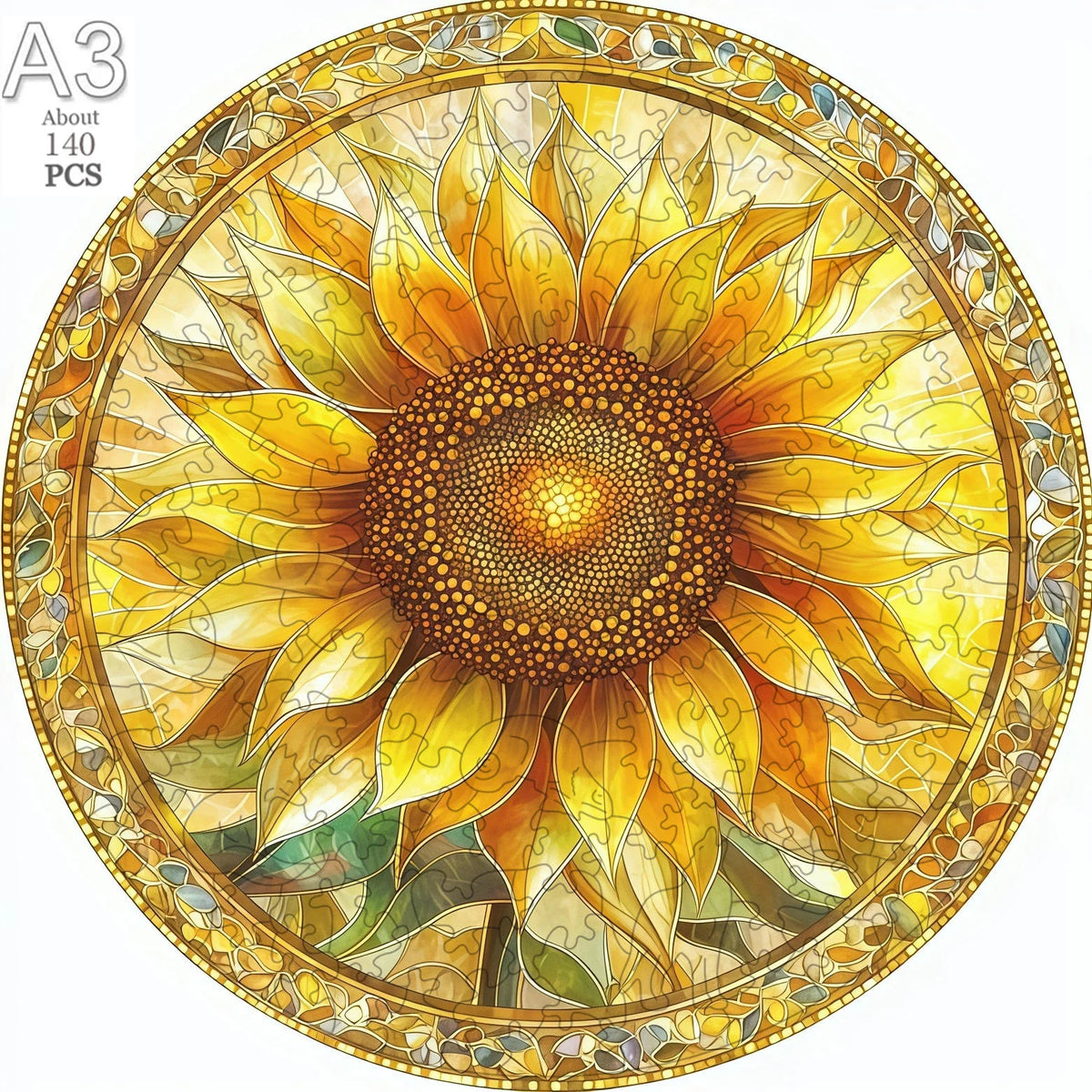 A circular wooden puzzle featuring a yellow sunflower design with a gold border.
