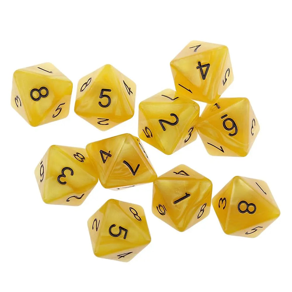 A set of ten yellow acrylic polyhedral dice showing various numbers and shapes for tabletop games.