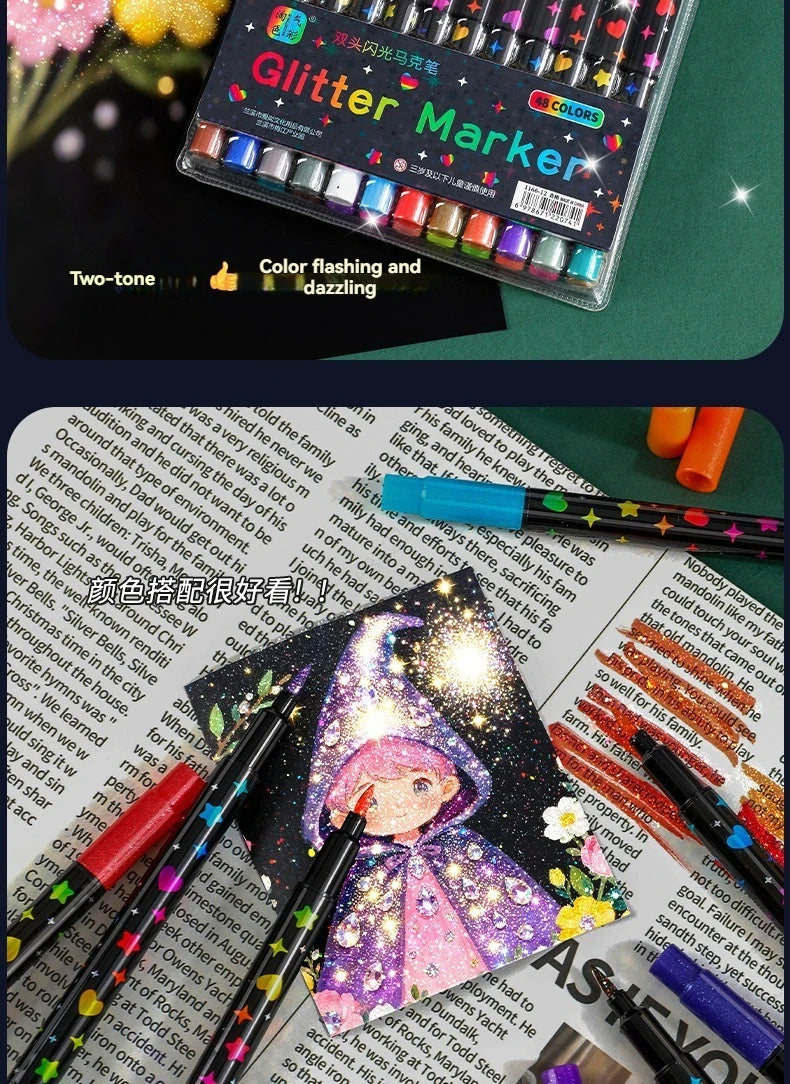 A pack of glitter markers featuring various colors and a two-tone design for art and crafting.