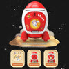 A red and white rocket shaped piggy bank for saving money, featuring a space theme and a key lock.