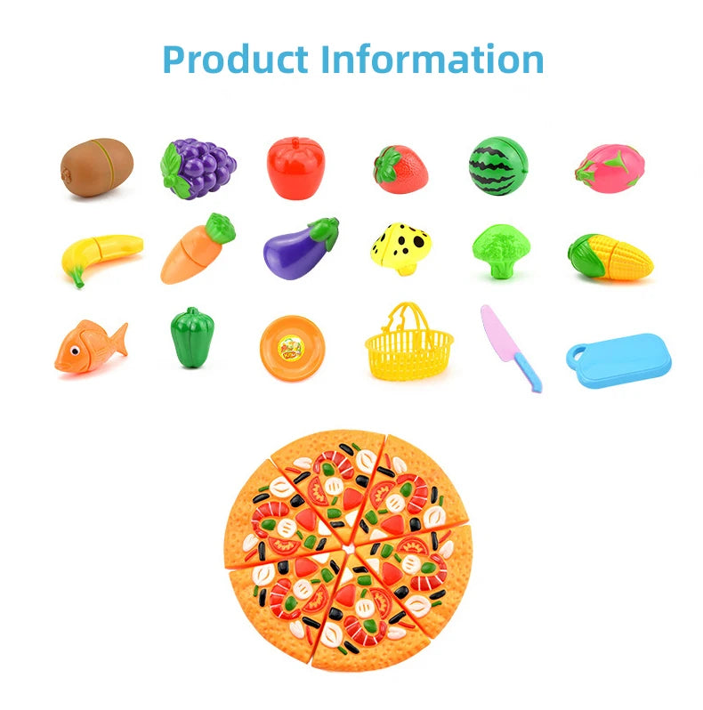 A set of pretend play cutting food toys including various fruits and vegetables and a shopping basket