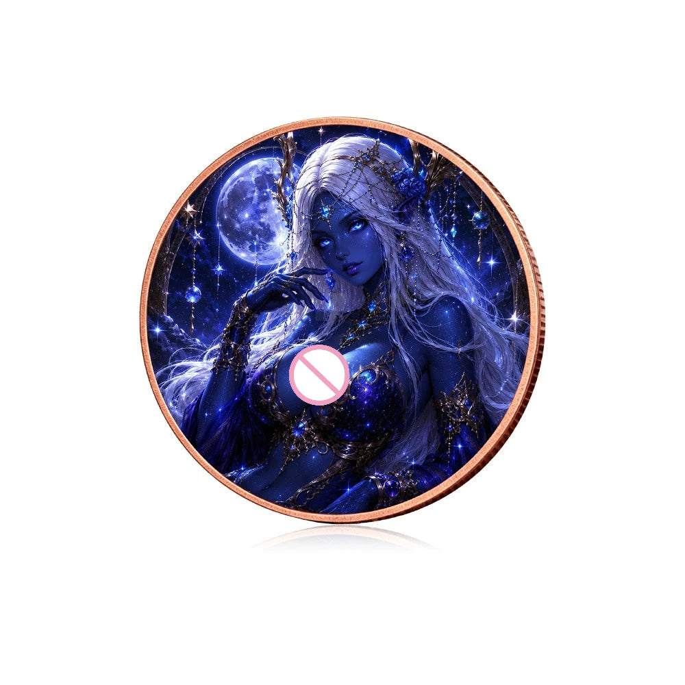 A challenge coin featuring a female fantasy witch with blue eyes and long white hair against a starry, cosmic background.