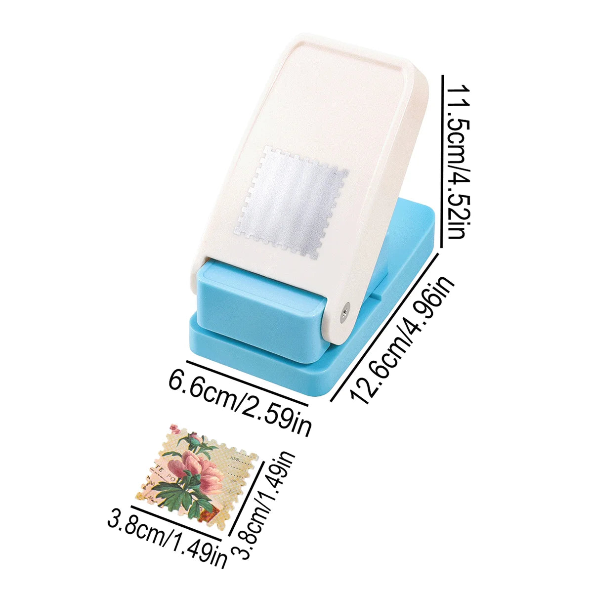 A white lever action embosser tool with a light blue base and included embossing plates.