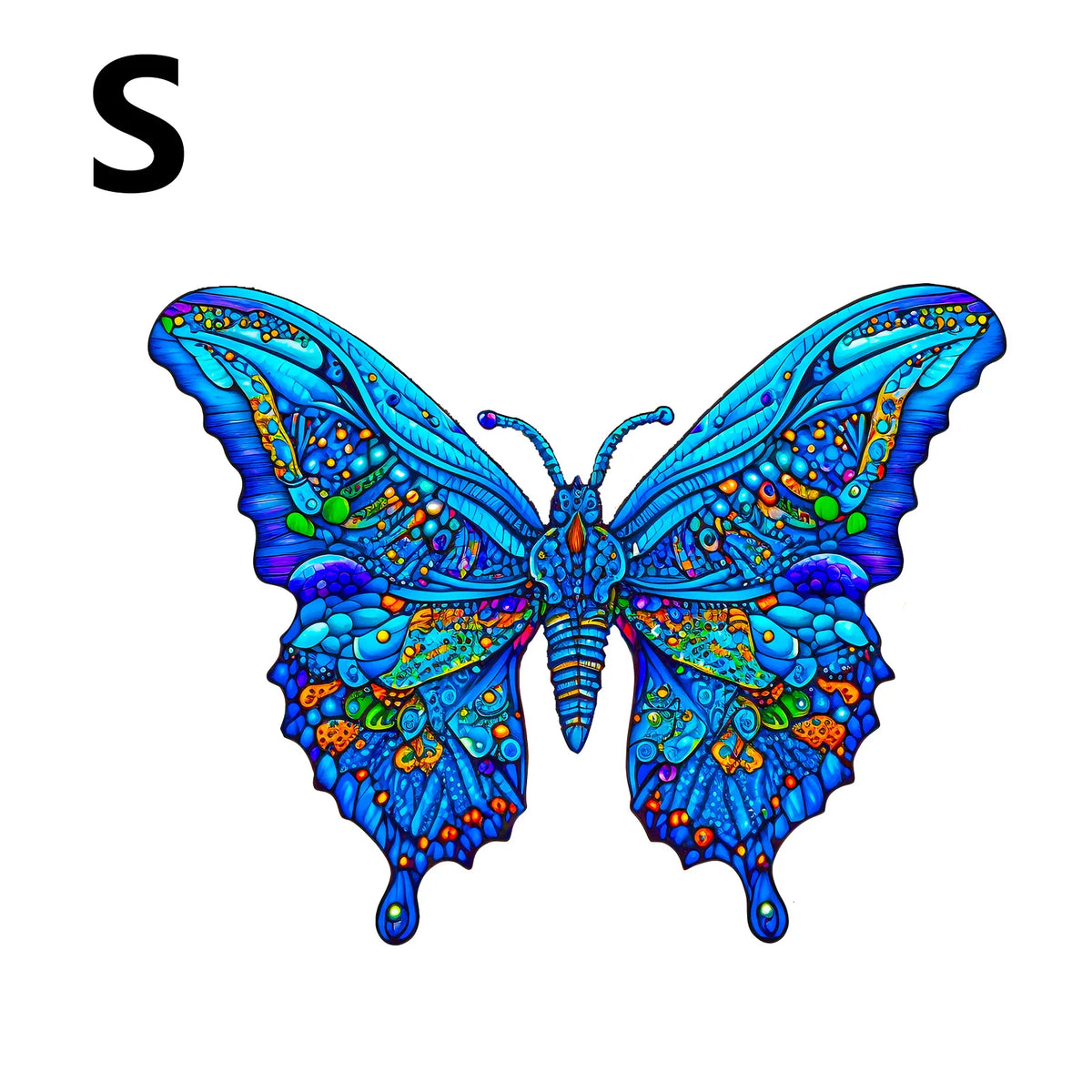 A vibrant, detailed jigsaw puzzle depicting an iridescent blue and green butterfly with intricate patterns.