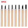 A set of eight wooden handles and steel blades for professional wood carving.