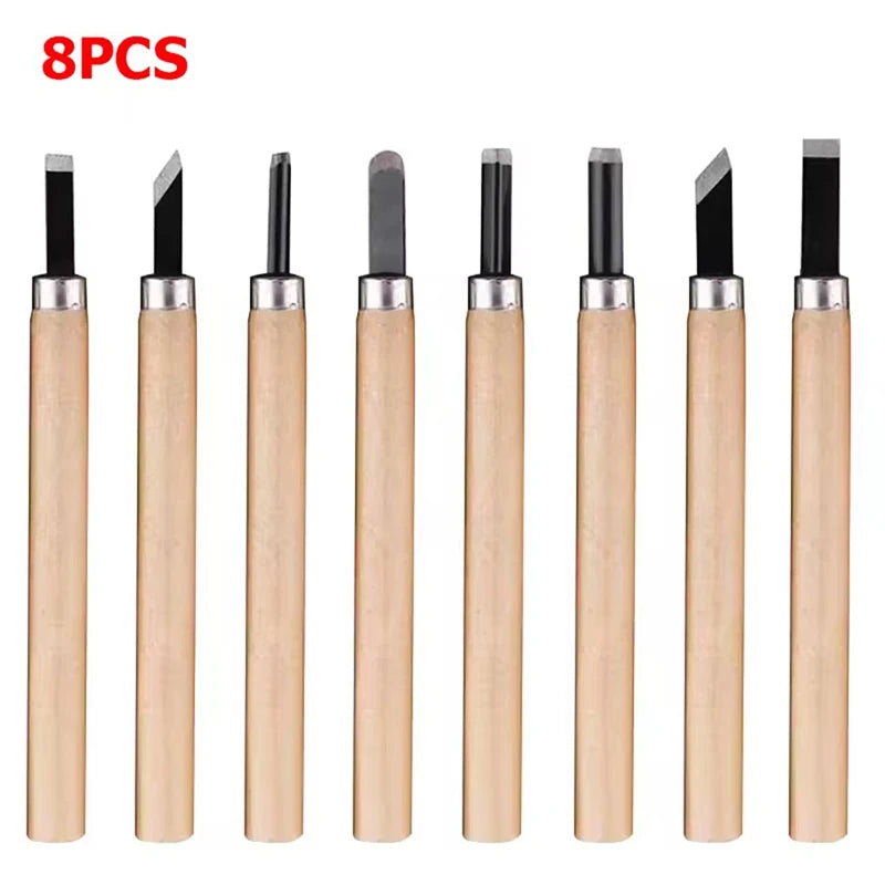 A set of eight wooden handles and steel blades for professional wood carving.