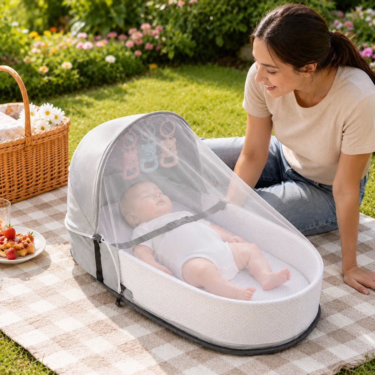 A woman is sitting on a mat next to a portable foldable baby bed with a mosquito net and mattress, featuring a sleeping baby.