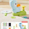A blue elephant foot launcher toy set includes a main body, an orange foot, and two catching nets.
