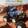 Blue off-road tires on an RC truck driving through sand and dirt terrain.